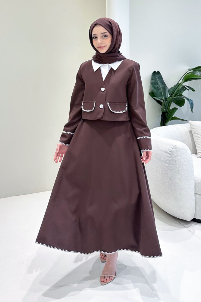 Carlotta Kalp Çiçek Düğmeli Etekli Takım - Kahverengi - 4