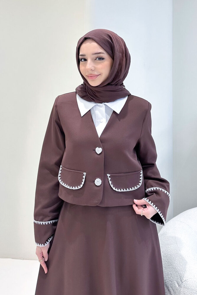 Carlotta Kalp Çiçek Düğmeli Etekli Takım - Kahverengi - LİNE (1)