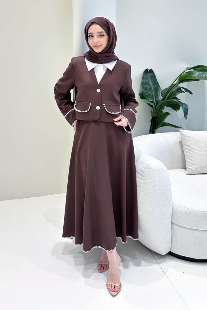 Carlotta Kalp Çiçek Düğmeli Etekli Takım - Kahverengi - LİNE (0)