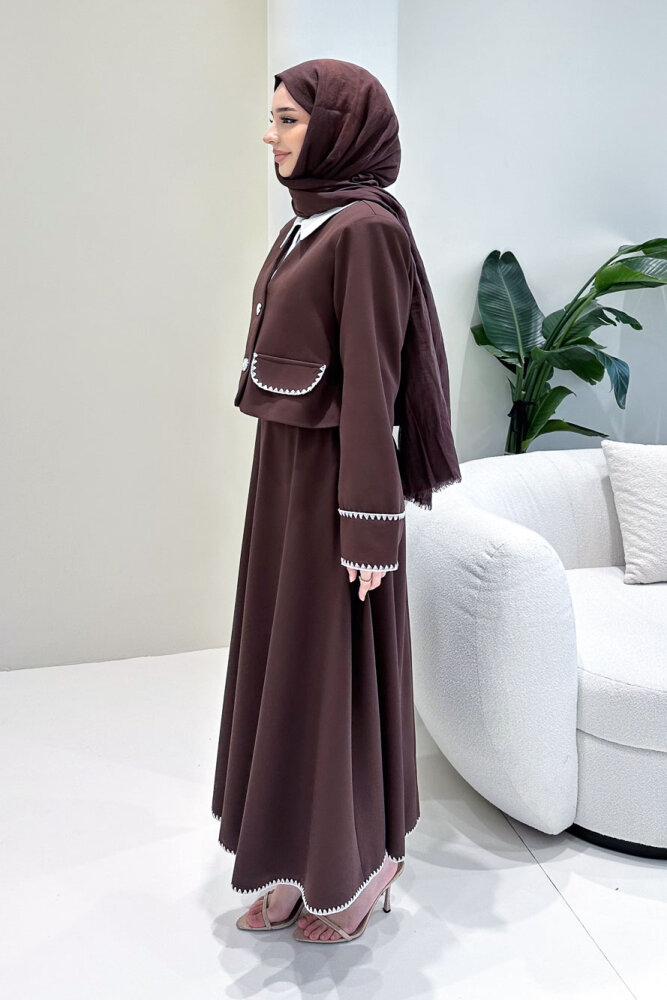 Carlotta Kalp Çiçek Düğmeli Etekli Takım - Kahverengi - LİNE (4)