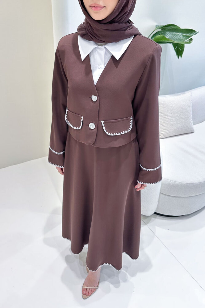 Carlotta Kalp Çiçek Düğmeli Etekli Takım - Kahverengi - 3