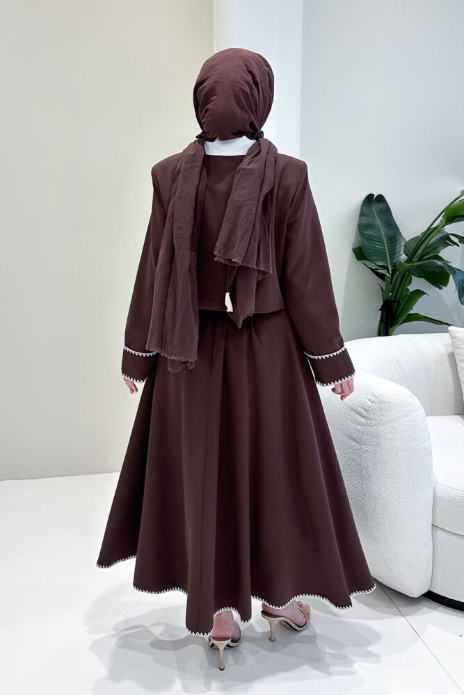 Carlotta Kalp Çiçek Düğmeli Etekli Takım - Kahverengi - 8