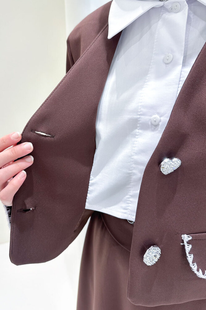 Carlotta Kalp Çiçek Düğmeli Etekli Takım - Kahverengi - LİNE (5)