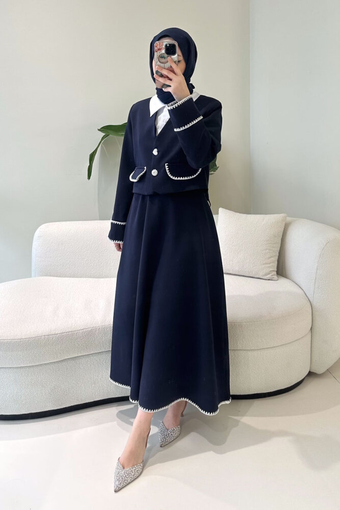 Carlotta Kalp Çiçek Düğmeli Etekli Takım - Lacivert - 6