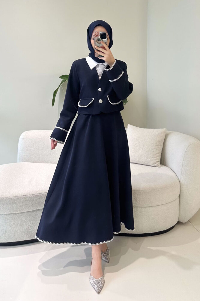 Carlotta Kalp Çiçek Düğmeli Etekli Takım - Lacivert - 1