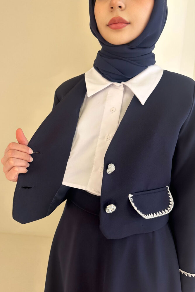 Carlotta Kalp Çiçek Düğmeli Etekli Takım - Lacivert - 5