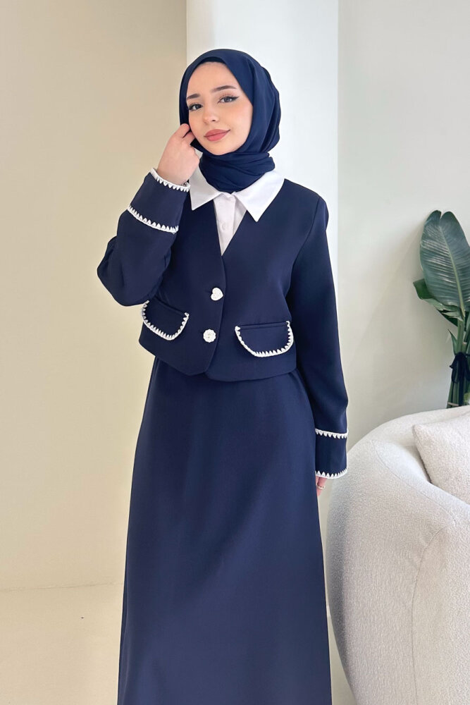 Carlotta Kalp Çiçek Düğmeli Etekli Takım - Lacivert - LİNE (2)