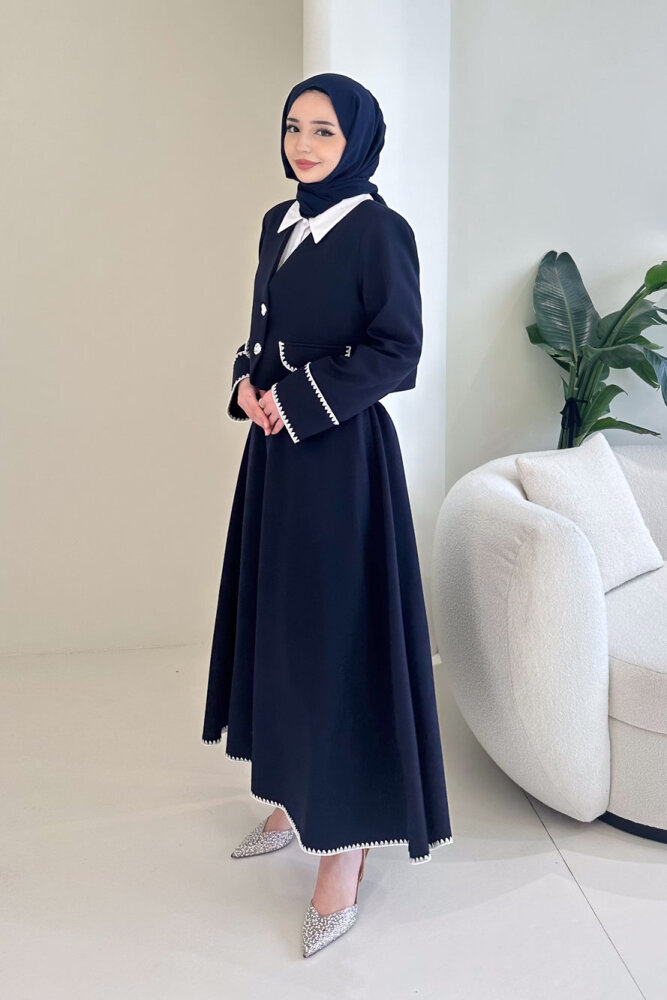 Carlotta Kalp Çiçek Düğmeli Etekli Takım - Lacivert - 8