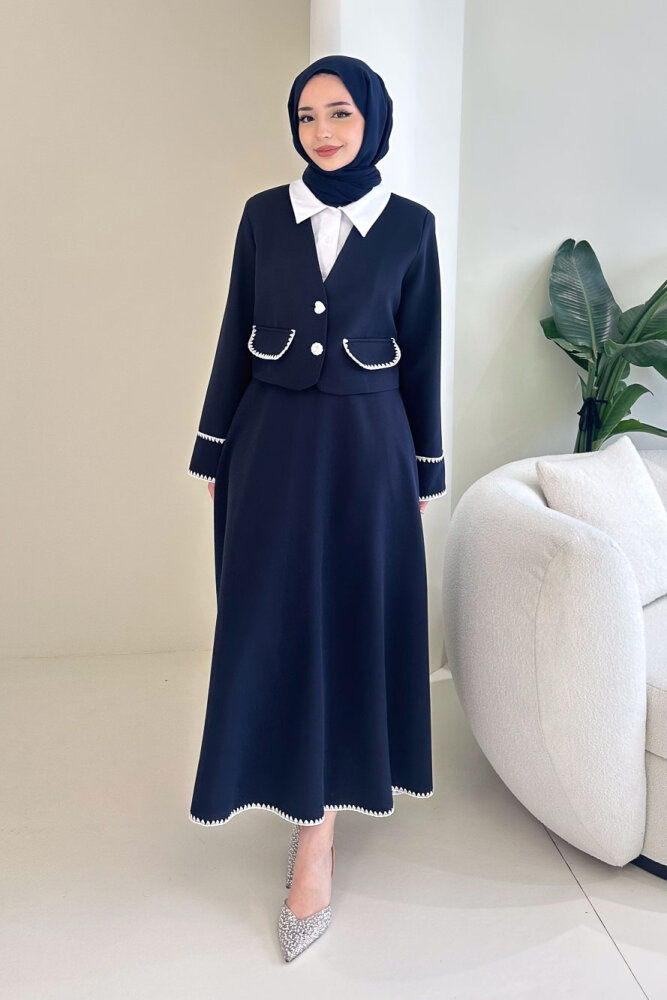 Carlotta Kalp Çiçek Düğmeli Etekli Takım - Lacivert - LİNE (1)