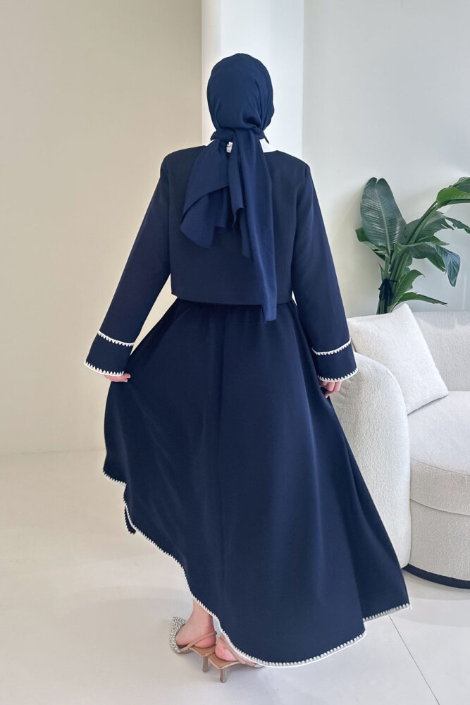 Carlotta Kalp Çiçek Düğmeli Etekli Takım - Lacivert - 7