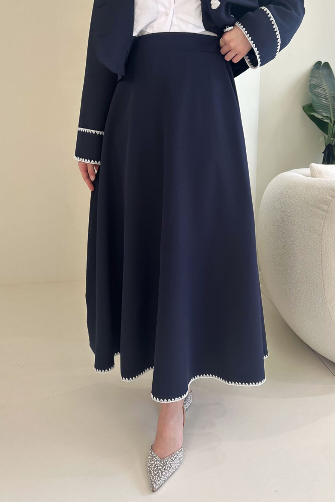 Carlotta Kalp Çiçek Düğmeli Etekli Takım - Lacivert - 9