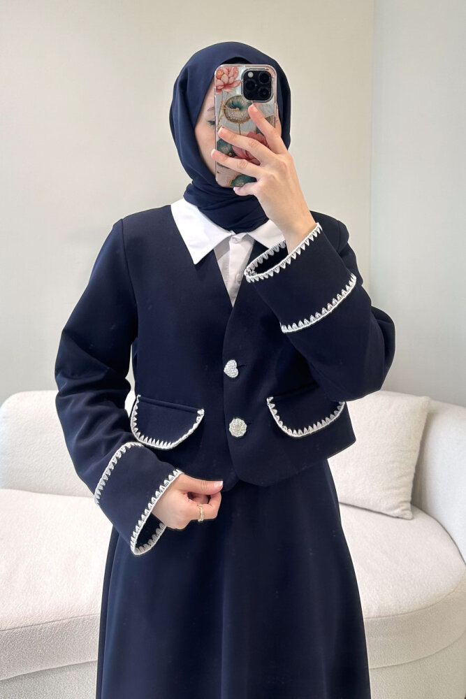 Carlotta Kalp Çiçek Düğmeli Etekli Takım - Lacivert - 10