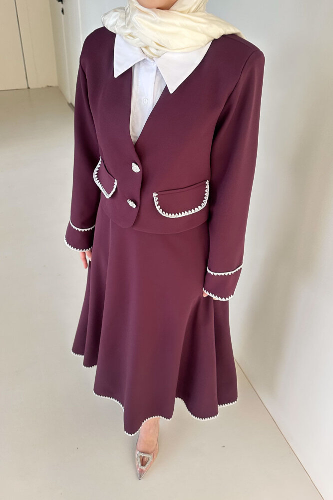 Carlotta Kalp Çiçek Düğmeli Etekli Takım - Mürdüm - LİNE (2)