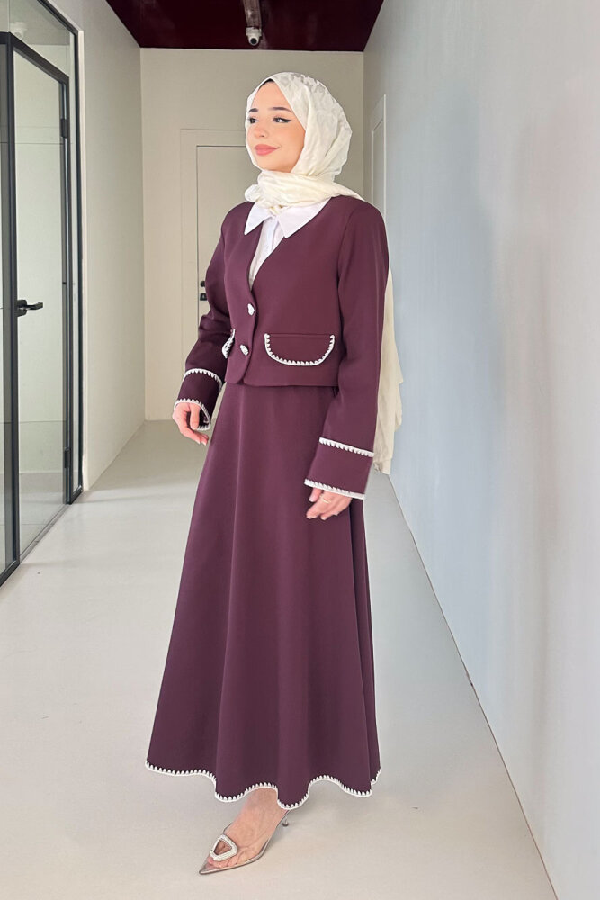 Carlotta Kalp Çiçek Düğmeli Etekli Takım - Mürdüm - LİNE (3)