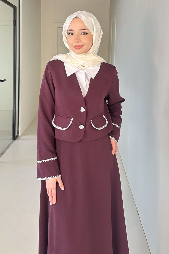 Carlotta Kalp Çiçek Düğmeli Etekli Takım - Mürdüm - 5