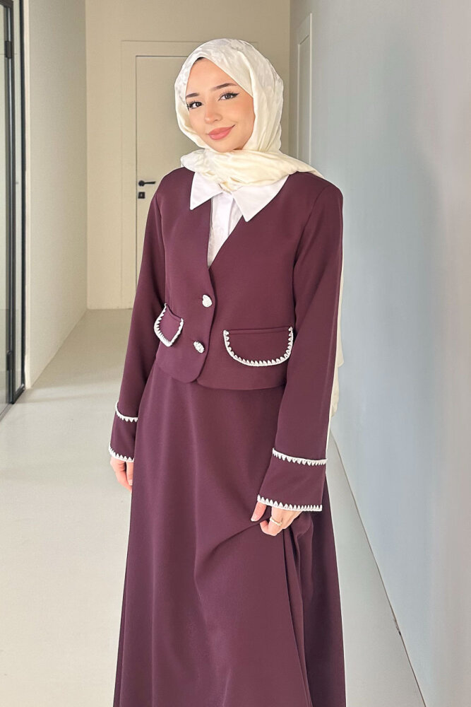 Carlotta Kalp Çiçek Düğmeli Etekli Takım - Mürdüm - LİNE (0)