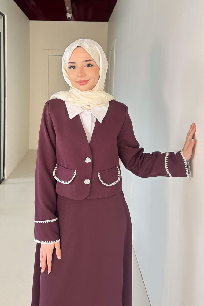 Carlotta Kalp Çiçek Düğmeli Etekli Takım - Mürdüm - 7