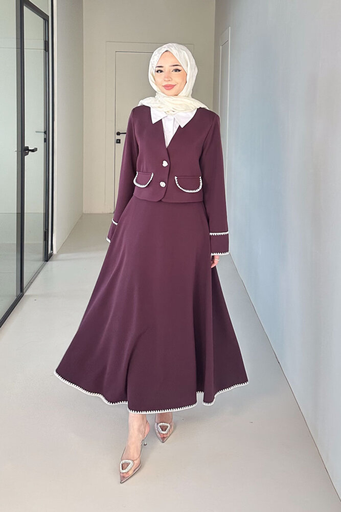 Carlotta Kalp Çiçek Düğmeli Etekli Takım - Mürdüm - 2