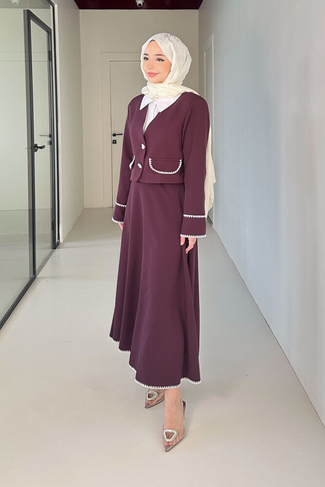 Carlotta Kalp Çiçek Düğmeli Etekli Takım - Mürdüm - 6