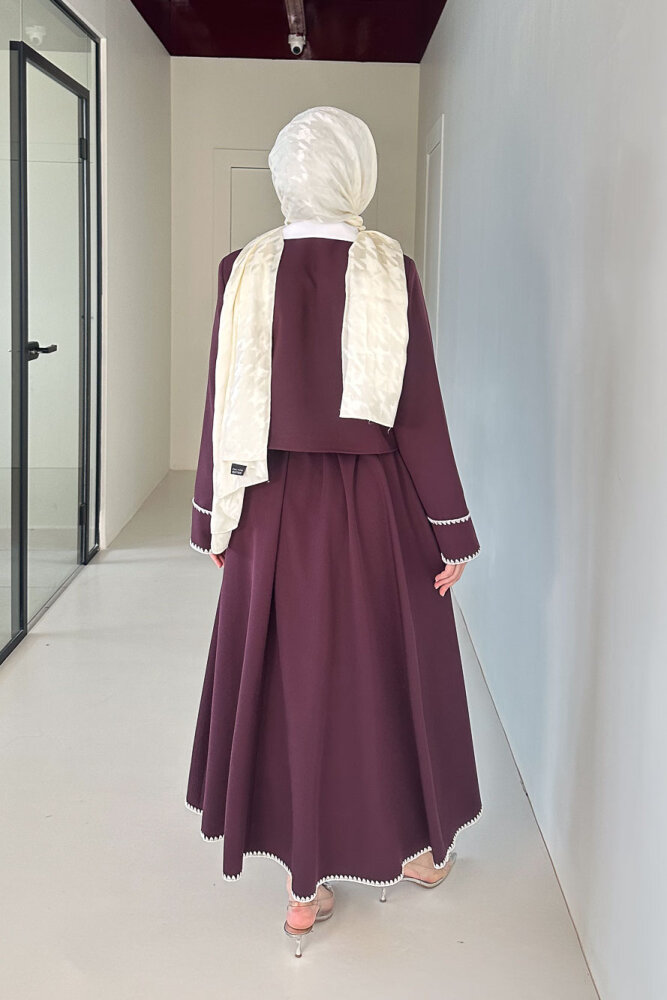 Carlotta Kalp Çiçek Düğmeli Etekli Takım - Mürdüm - 8