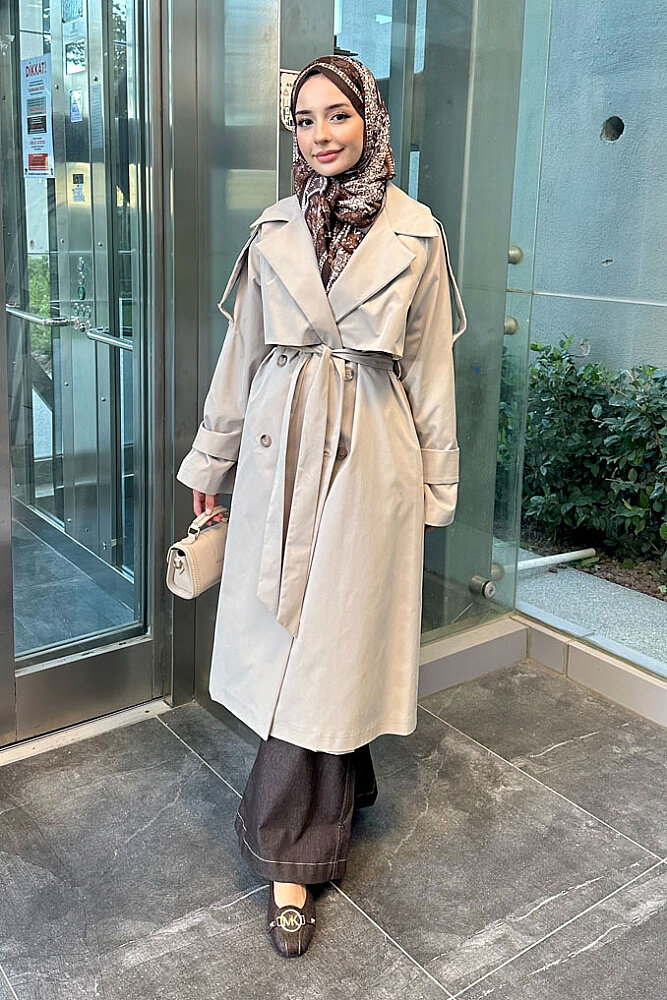 Carys Kruvaze Pelerin Detaylı Trençkot - Bej - LİNE (3)