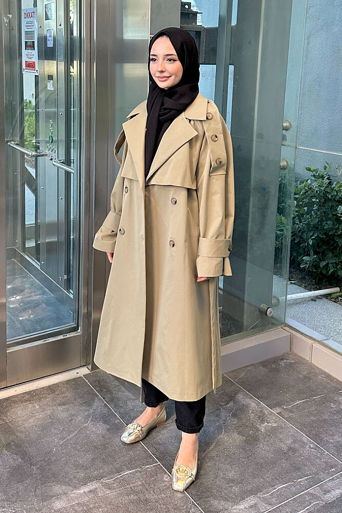 Carys Kruvaze Pelerin Detaylı Trençkot - Haki - LİNE (3)