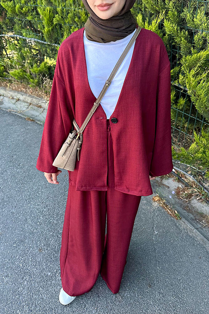 Ceketi Tek Düğmeli Pantolon Takım - Bordo - 6