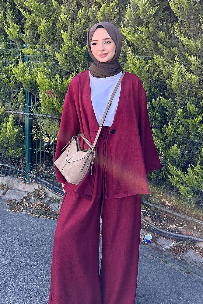 Ceketi Tek Düğmeli Pantolon Takım - Bordo - QUB (2)
