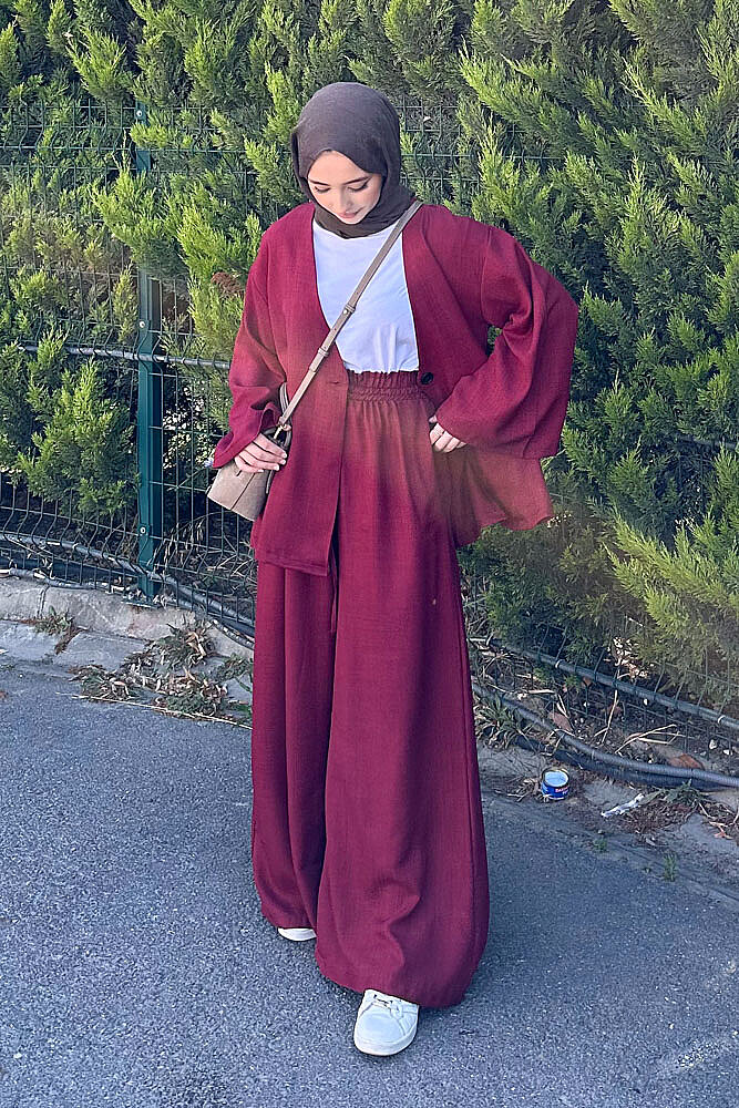 Ceketi Tek Düğmeli Pantolon Takım - Bordo - QUB (1)