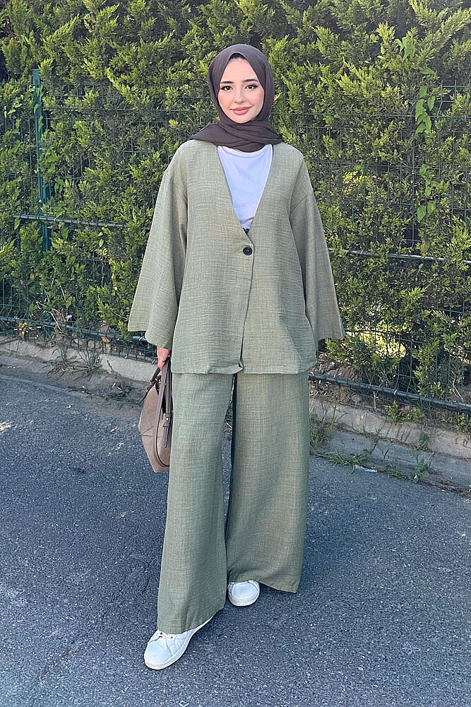 Ceketi Tek Düğmeli Pantolon Takım - Haki - 1