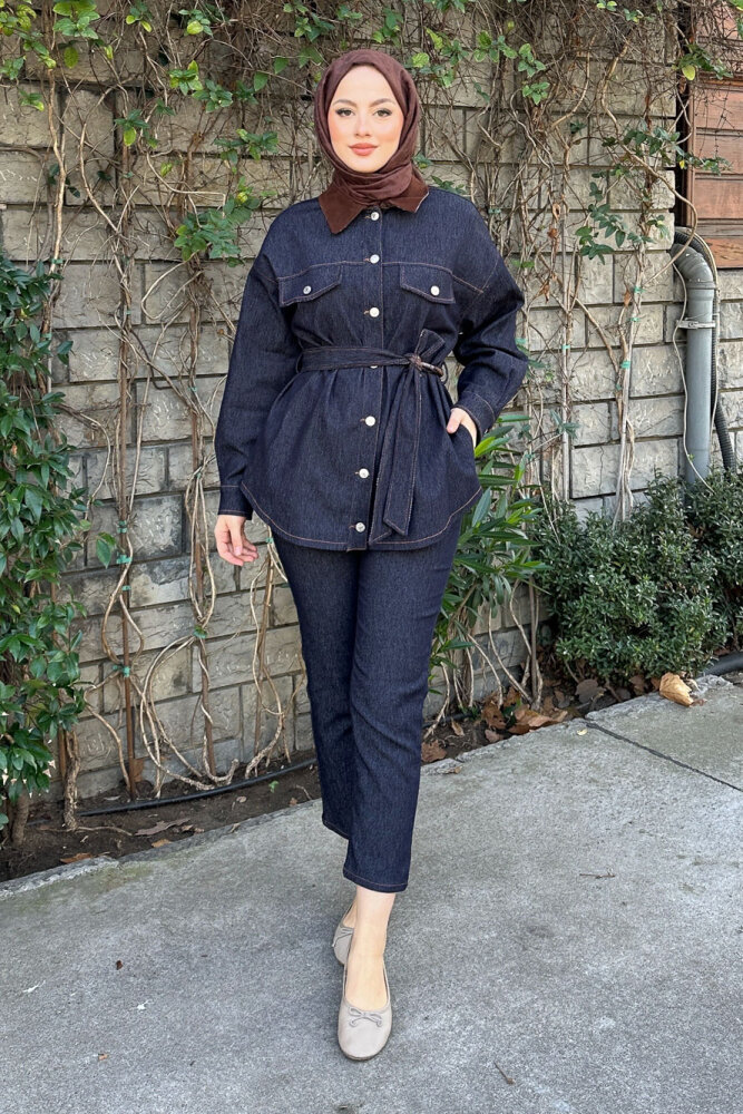 Cep Detaylı Beli Kemerli Trençkot - Lacivert - 1