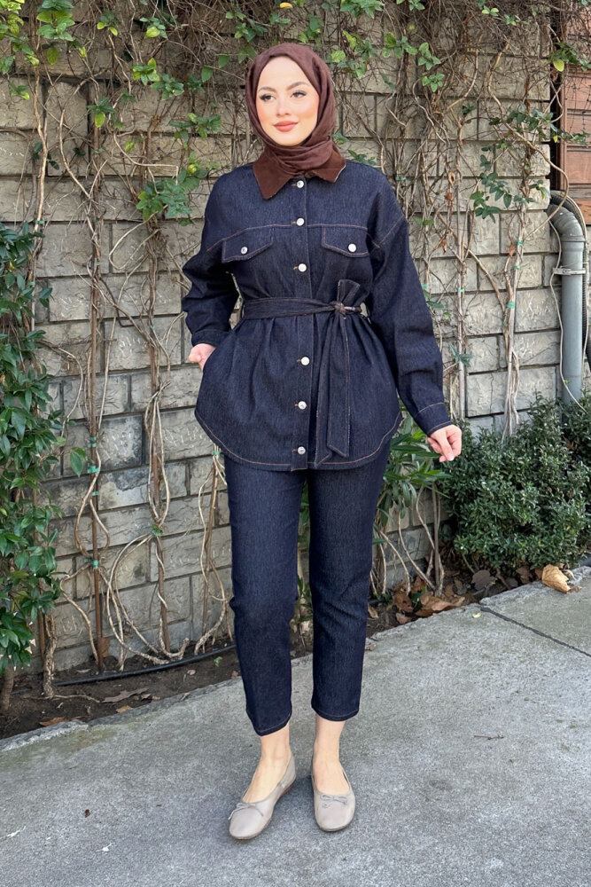 Cep Detaylı Beli Kemerli Trençkot - Lacivert - 4