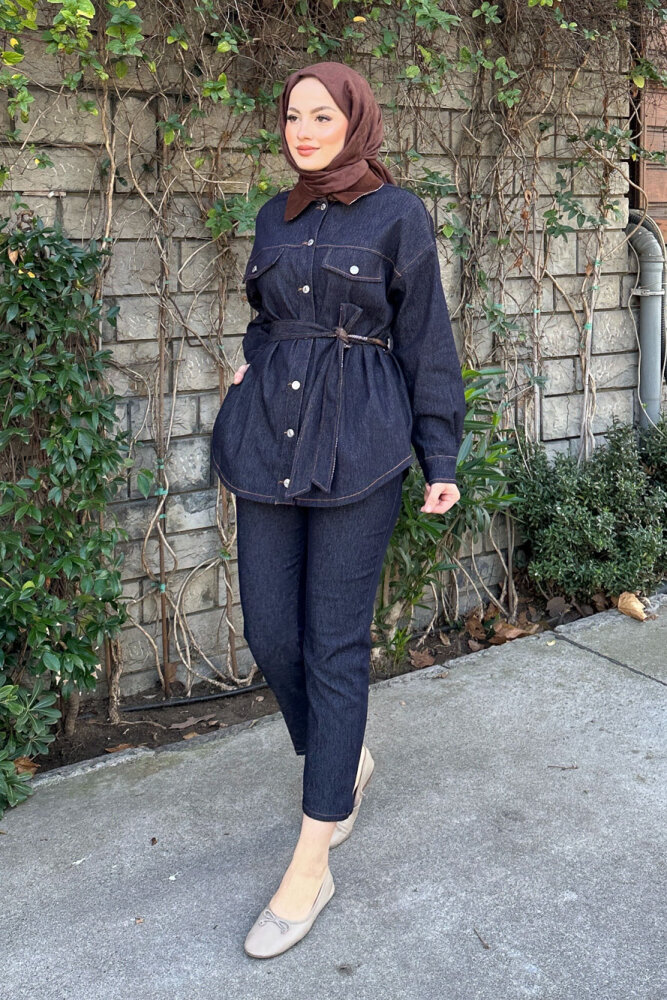 Cep Detaylı Beli Kemerli Trençkot - Lacivert - PUANE (4)