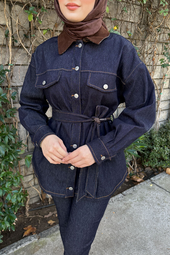 Cep Detaylı Beli Kemerli Trençkot - Lacivert - PUANE (5)