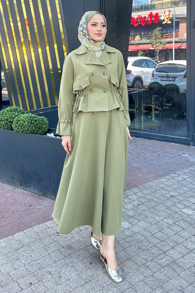 Cep Detaylı Etek Takım - Yağ Yeşili - 7