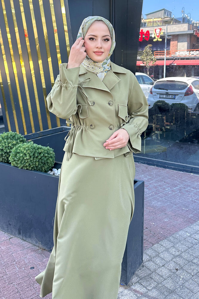 Cep Detaylı Etek Takım - Yağ Yeşili - 5