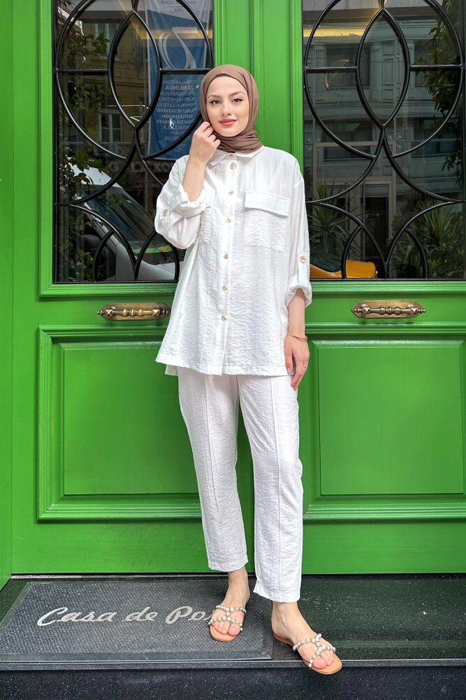 Cep Detaylı Gömlekli Takım - Ekru - İKOL (3)