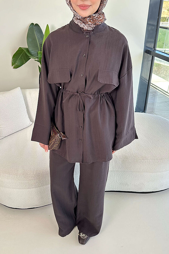 Cepli Bağcık Detaylı Pantolon Takım - Kahverengi - 4