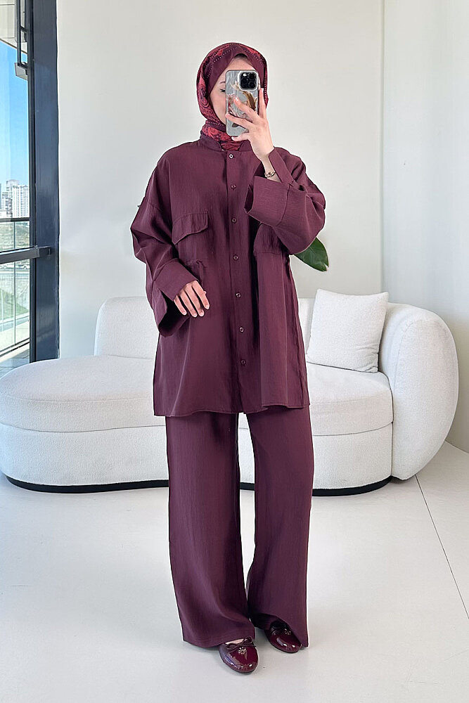 Cepli Bağcık Detaylı Pantolon Takım - Mürdüm - ENMA (5)