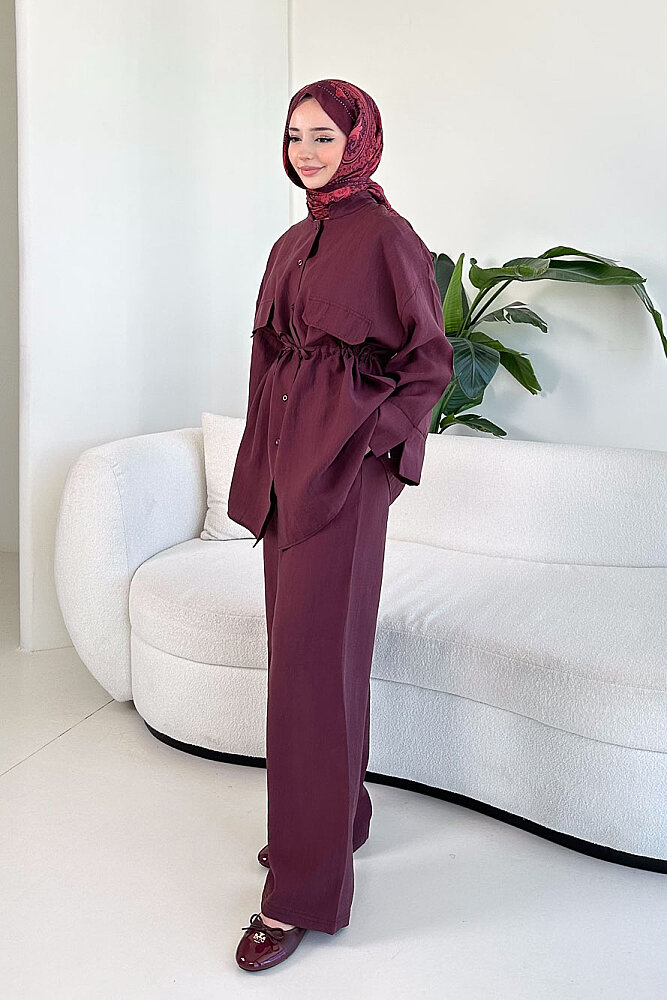 Cepli Bağcık Detaylı Pantolon Takım - Mürdüm - 2