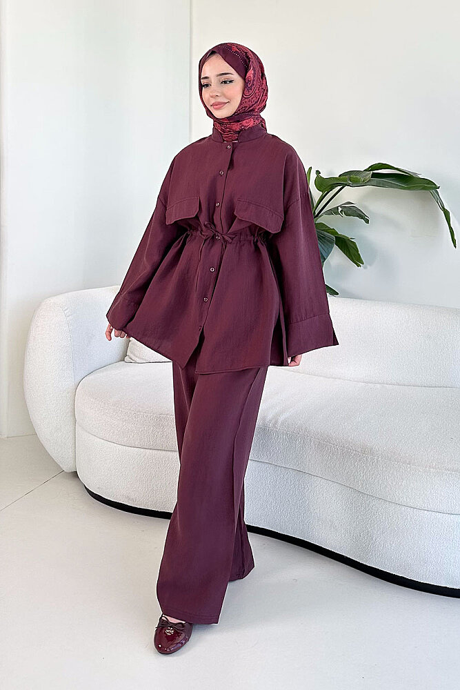 Cepli Bağcık Detaylı Pantolon Takım - Mürdüm - 5