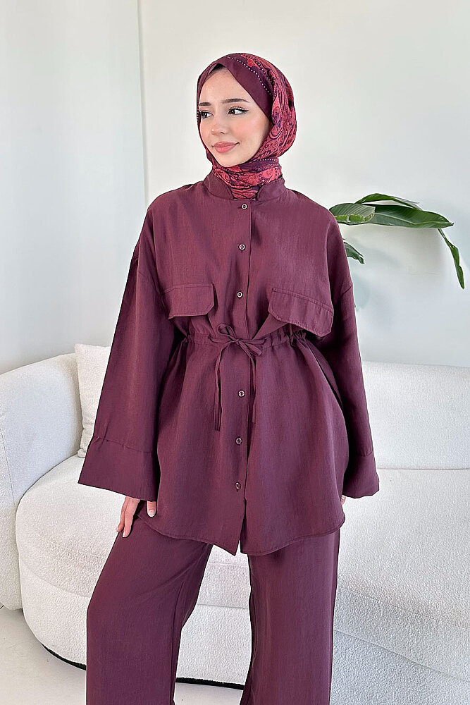 Cepli Bağcık Detaylı Pantolon Takım - Mürdüm - 7