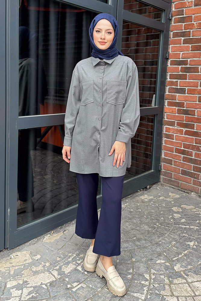Cepli Düz Gömlek - Gri - PUANE (5)