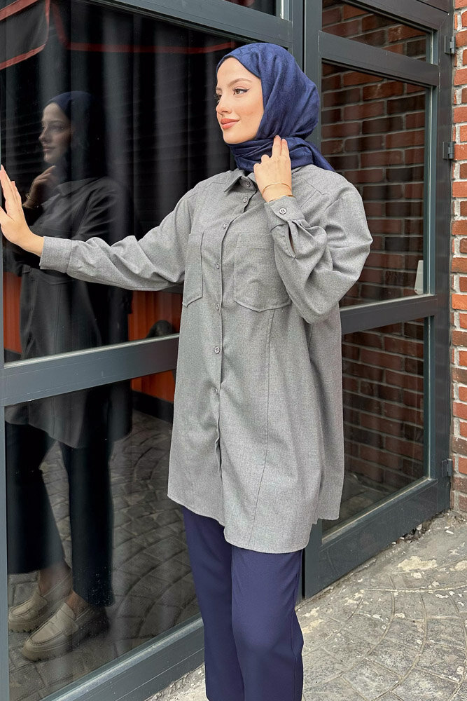 Cepli Düz Gömlek - Gri - PUANE (4)