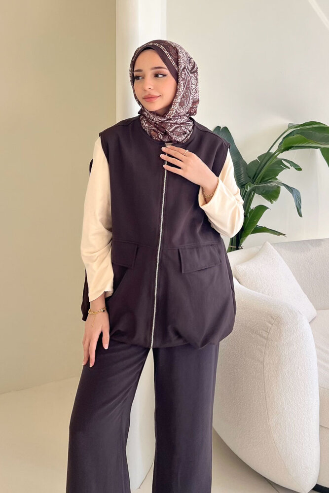 Cepli Fermuarlı Yelek - Kahverengi - ENMA (0)