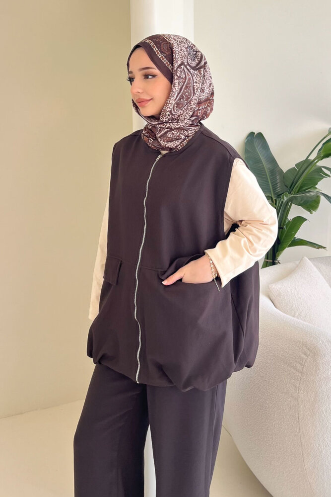 Cepli Fermuarlı Yelek - Kahverengi - ENMA (3)