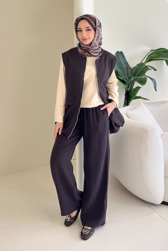 Cepli Fermuarlı Yelek - Kahverengi - ENMA (2)