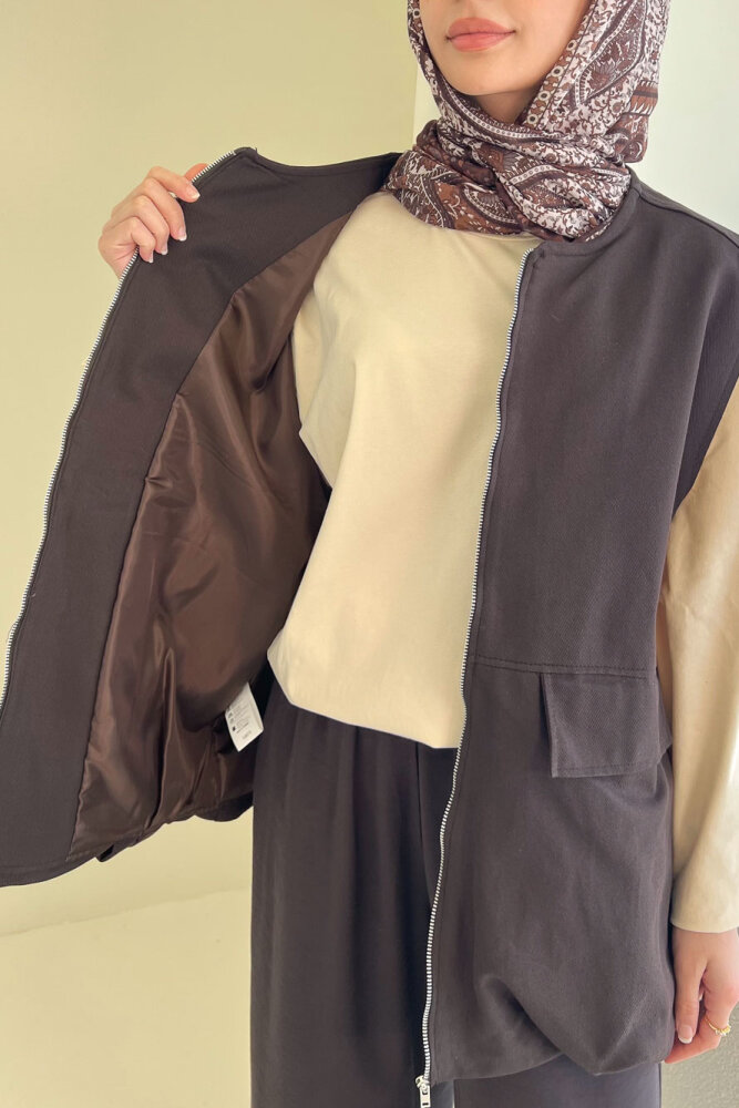 Cepli Fermuarlı Yelek - Kahverengi - ENMA (4)