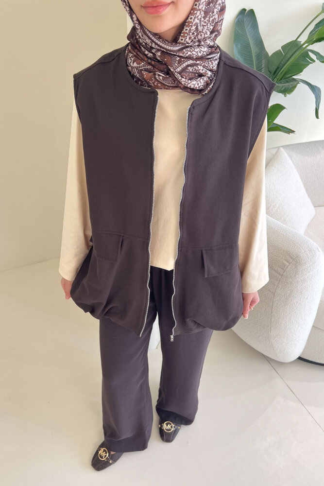 Cepli Fermuarlı Yelek - Kahverengi - ENMA (1)