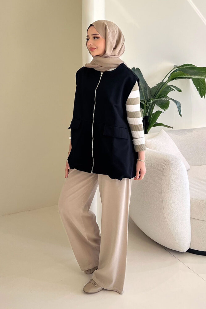 Cepli Fermuarlı Yelek - Siyah - 2